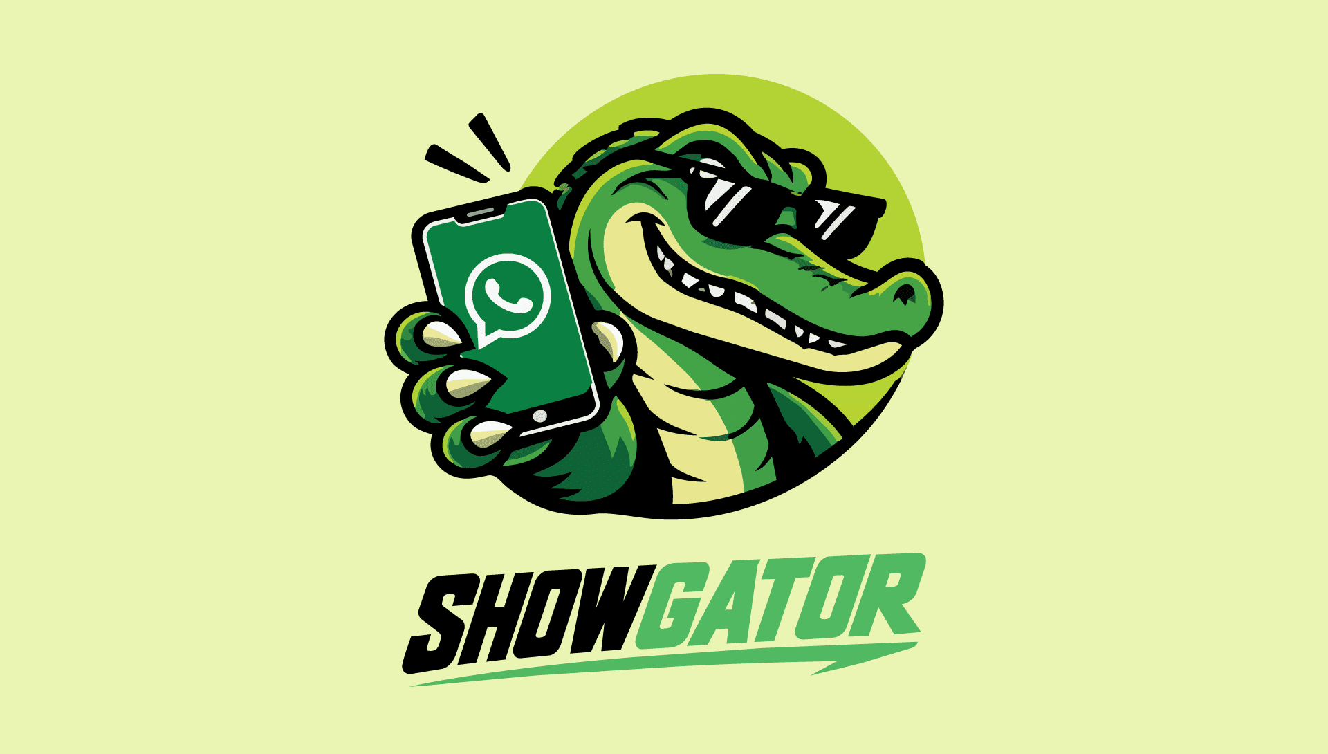ShowGator-logo: een krokodil met zonnebril die een telefoon met WhatsApp vasthoudt
